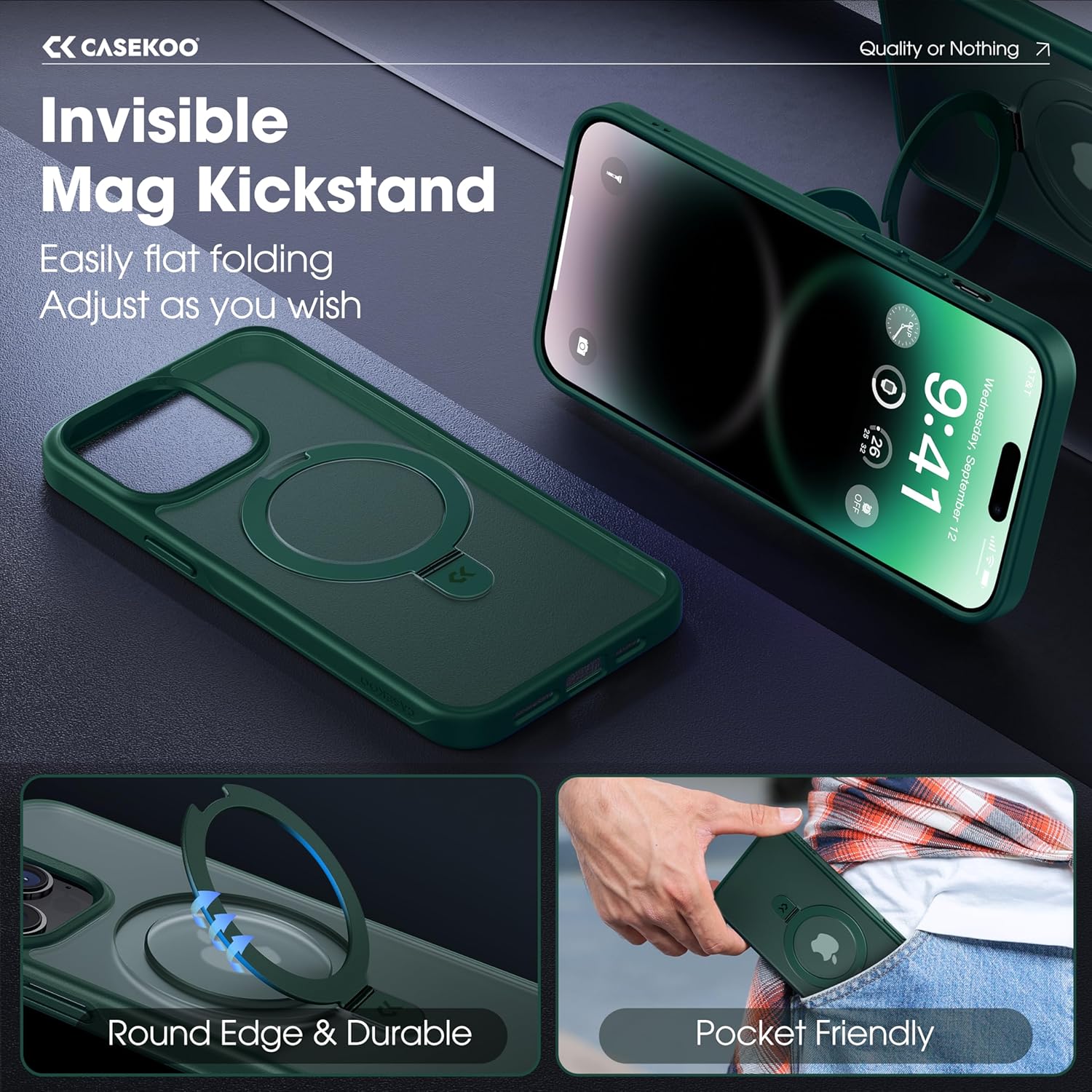 CASEKOO Designed for iPhone 14 Pro Max Case with Magnetic Invisible Stand [Military Drop Protection] [Compatible with MagSafe] Shockproof Slim Translucent Matte Promax Case 6.7 Inch, Green