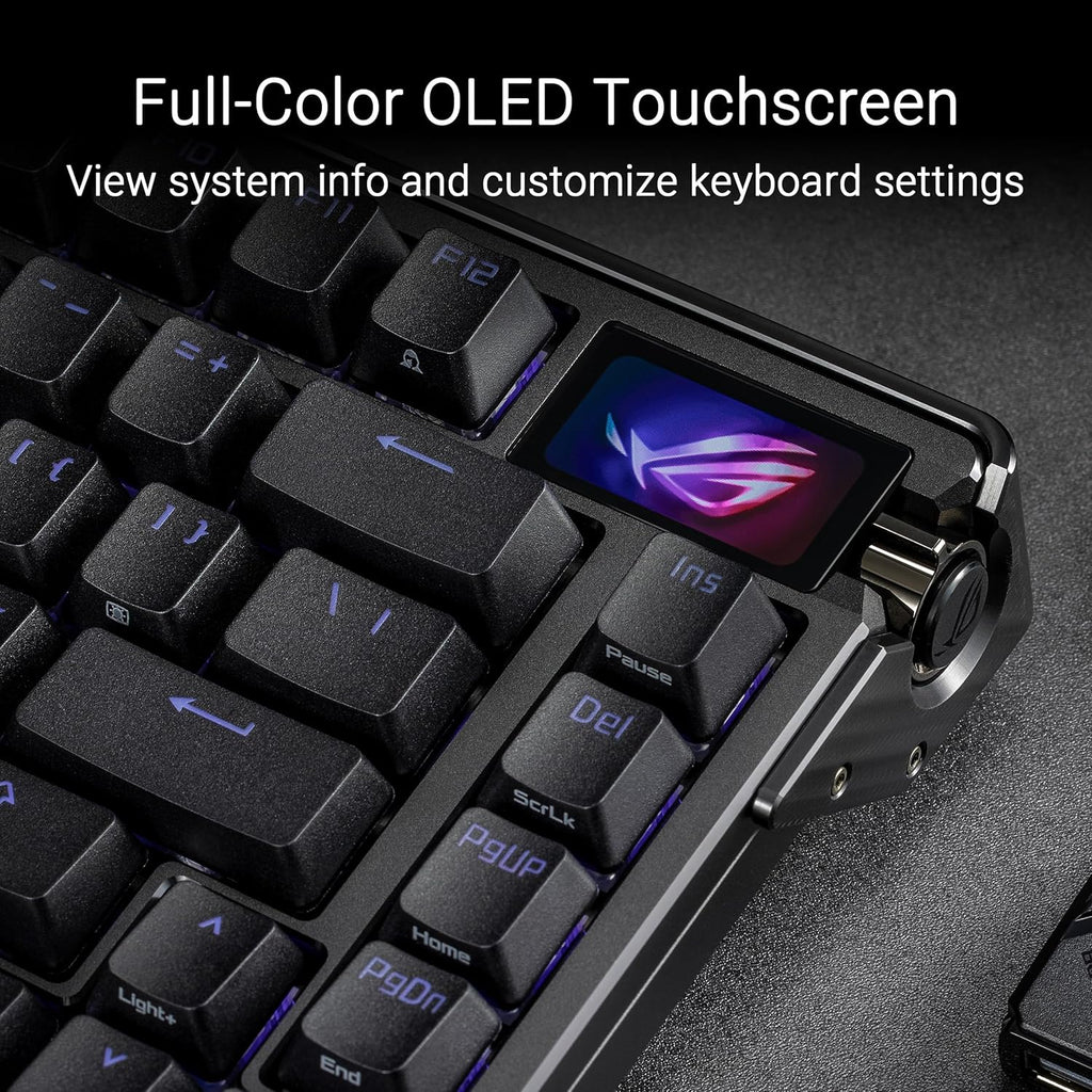 ROG Azoth Extreme 75 Custom Gaming Keyboard, Aluminum Chassis, Carbon Fiber Positioning Plate, Adjustable Gasket Mount, Three-Layer Dampening, Color OLED Touchscreen, ROG NX Snow Switches, PBT Keycaps