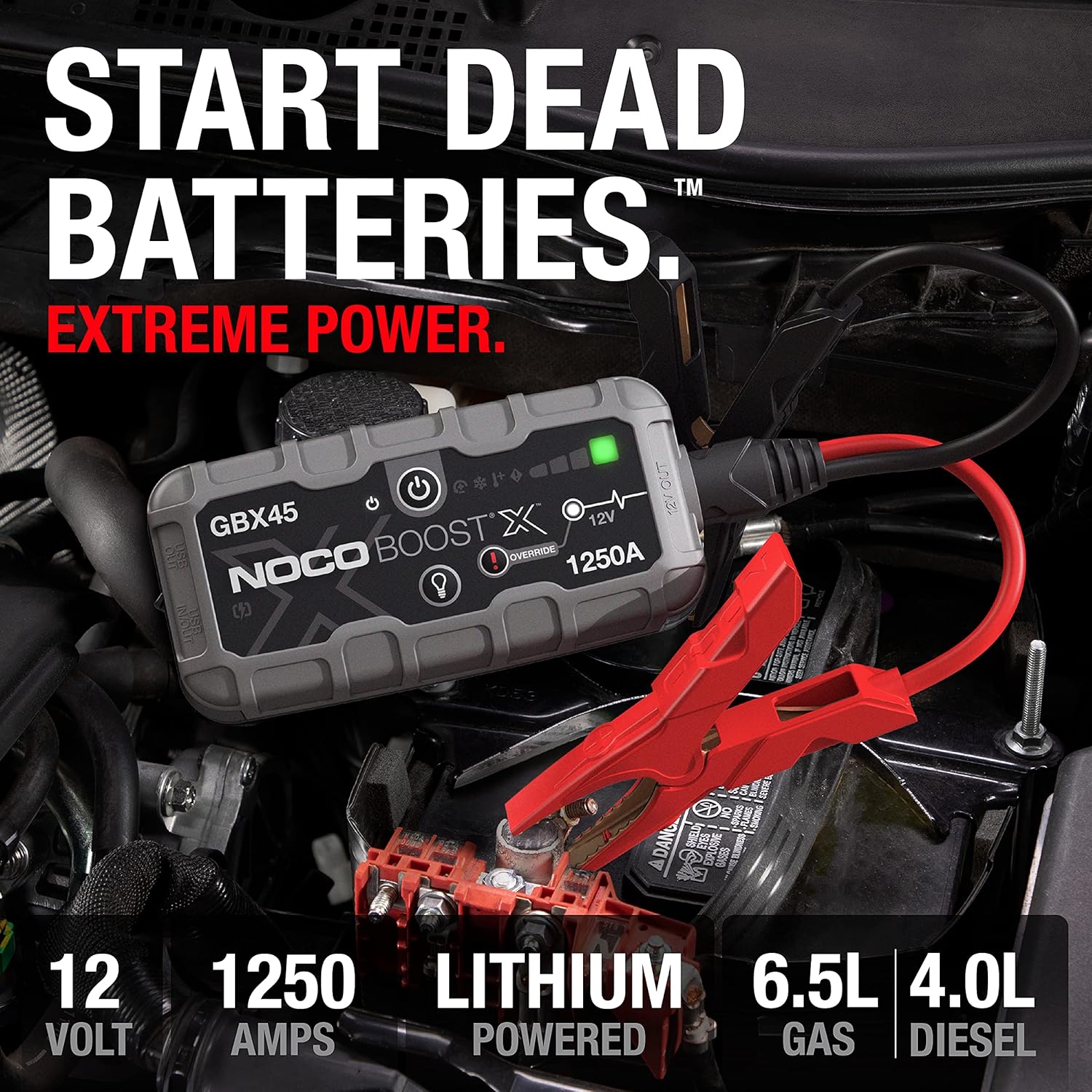NOCO Boost X GBX45: 1250A UltraSafe Jump Starter – 12V Lithium Battery Booster Pack, Portable Jump Box, Power Bank & Jumper Cables - for 6.5L Gas and 4.0L Diesel Engines