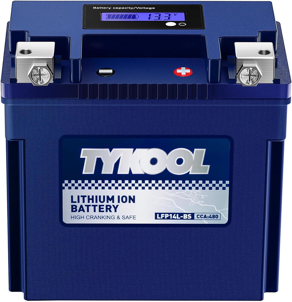 TYKOOL YTX14L-BS 3X Cranking Amps,5X Life, Lithium LiFePO4 Motorcycle Battery,12V 8Ah,480CCA,Digital Readout, Built in BMS,Powersports Battery, Compatible for Harley-Davidson, BRP (Sea-doo) Spark 900