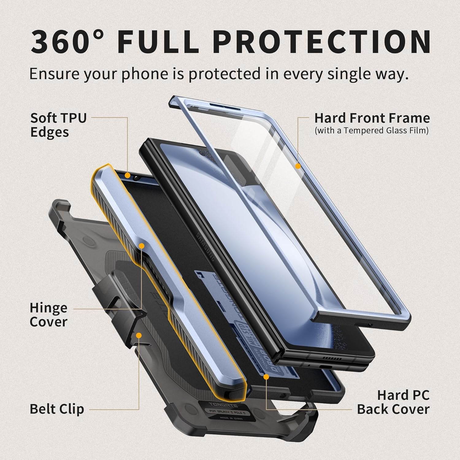 TONGATE for Z Fold 5 Case, [with S Pen Slot & Hinge Protection] [Tempered Glass Screen Protector] Full-Body Military Drop Phone Case for Samsung Galaxy Z Fold 5 with Kickstand & Belt Clip, ICY Blue