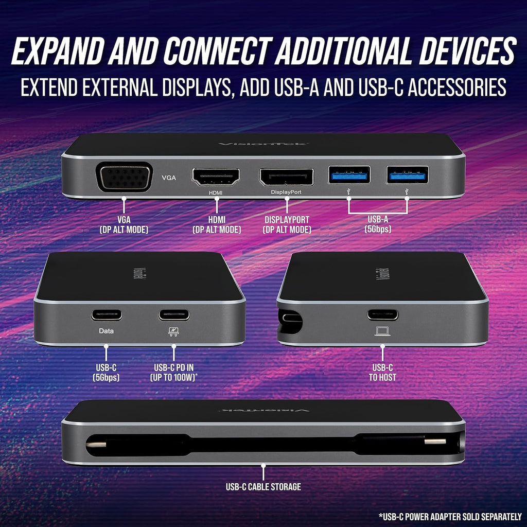VisionTek VT200 Portable USB-C Dual Monitor Hub - 1x DP, 1x HDMI, 1x VGA, 2X USB-A Ports, 1x USB-C for Windows/MacOS/ChromeOS/iOS