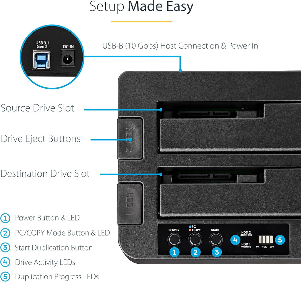 StarTech.com Standalone Hard Drive Duplicator, External Dual Bay HDD/SSD Cloner/Copier, USB to SATA III Docking Station