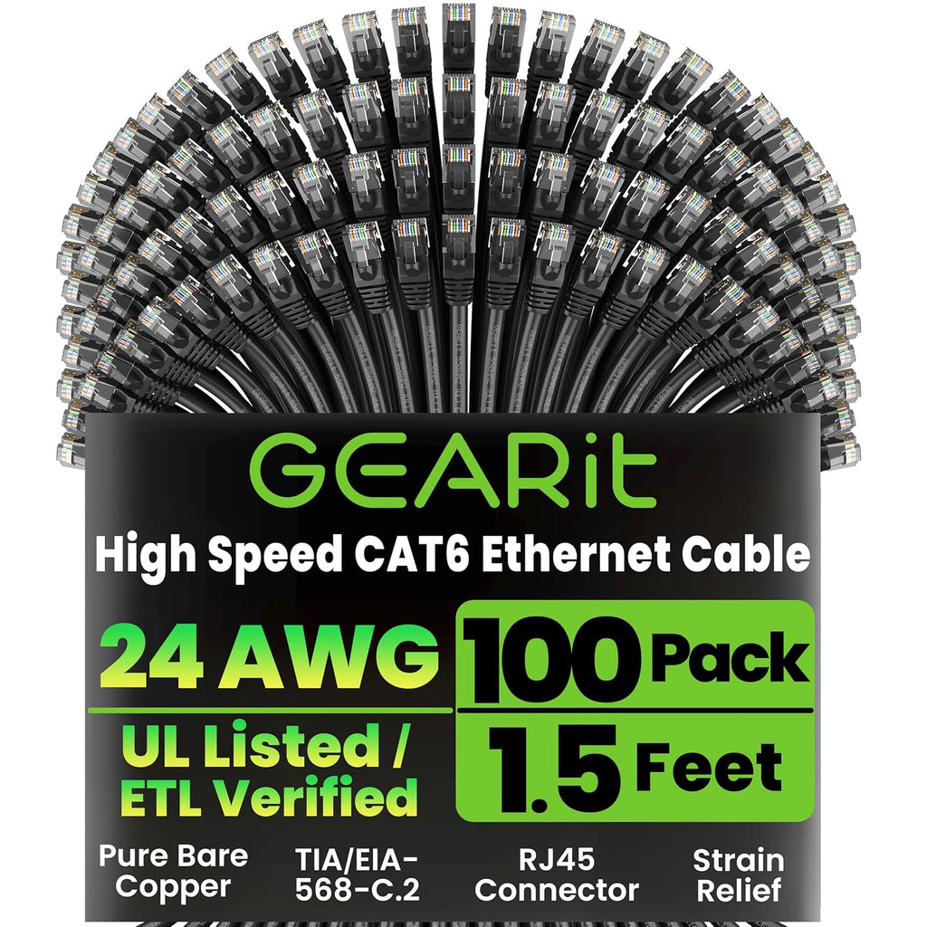 GEARit Cat 6 Ethernet Cable Pack - 100-Pack 1.5 ft Cat6 Ethernet Patch Cables | RJ45 Network Patch Cable, 10 Gbps Snagless Gold-Plated Connectors - Ethernet Cable Cat 6 for PC, TV, Router - Black