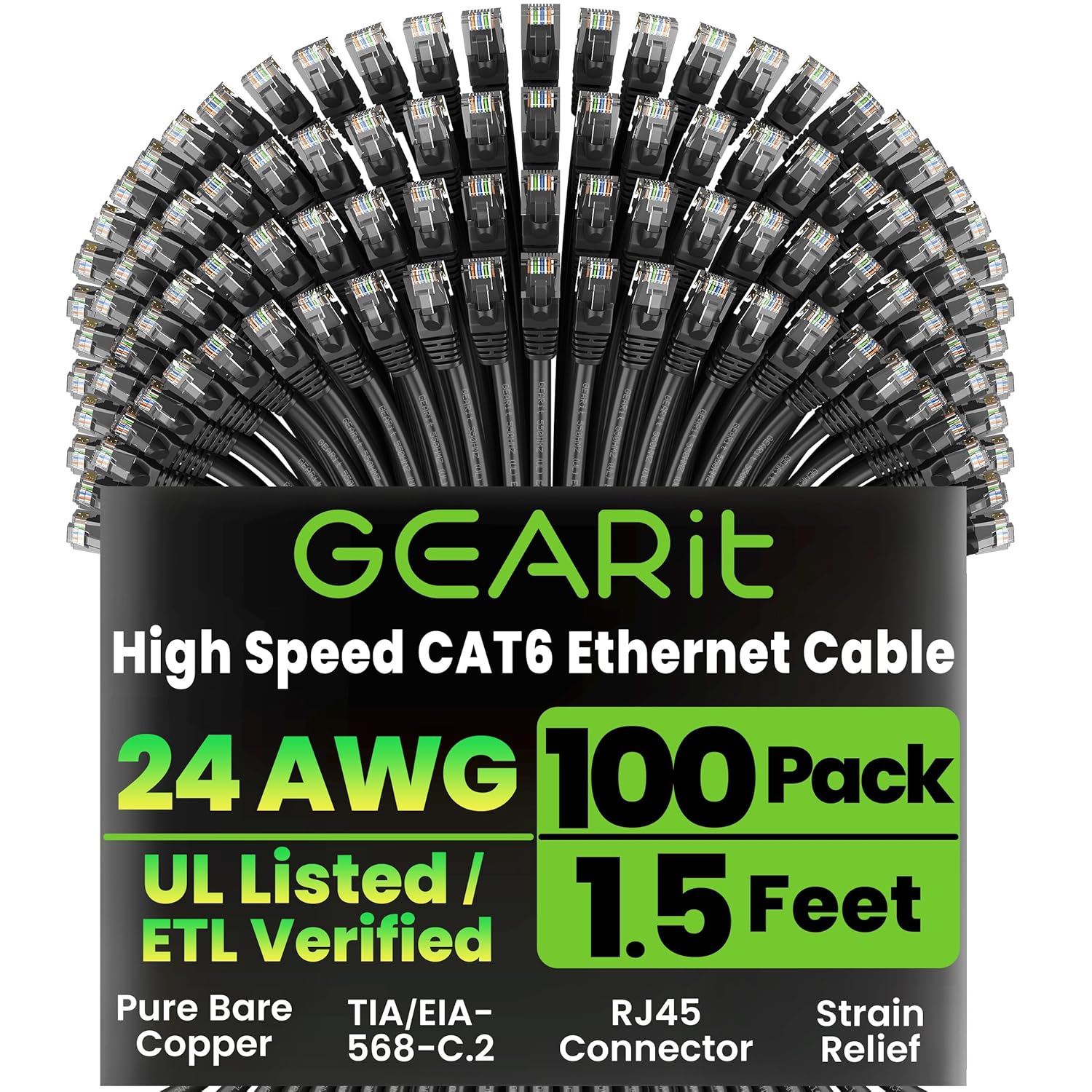 GEARit Cat 6 Ethernet Cable Pack - 100-Pack 1.5 ft Cat6 Ethernet Patch Cables | RJ45 Network Patch Cable, 10 Gbps Snagless Gold-Plated Connectors - Ethernet Cable Cat 6 for PC, TV, Router - Black