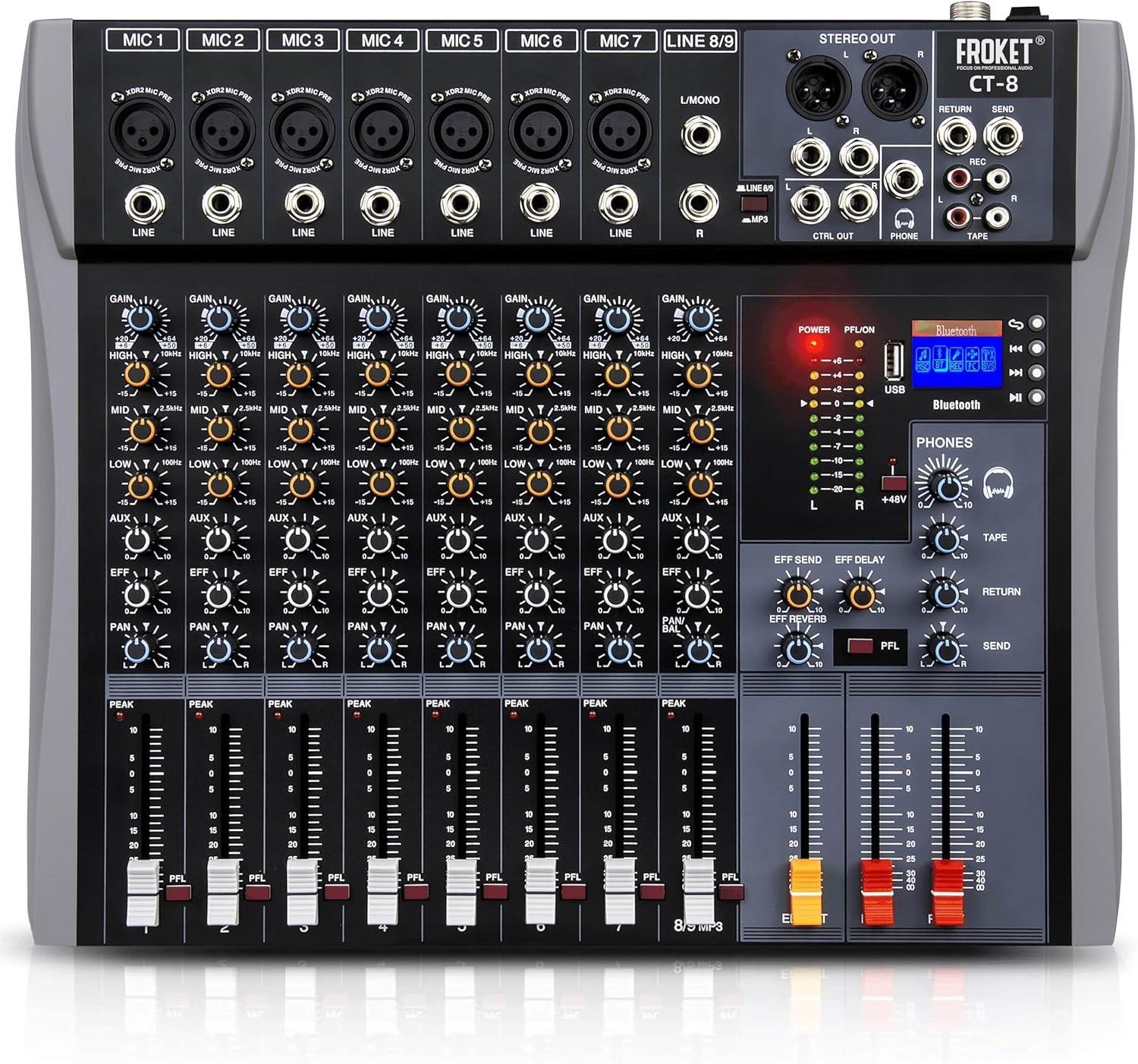 Pro DJ Mixer 8-Channel Audio Console - Bluetooth/USB Streaming, 48V Phantom Power, 3-Band EQ for Live Stage, Recording Studio & Karaoke Systems (CT-8)