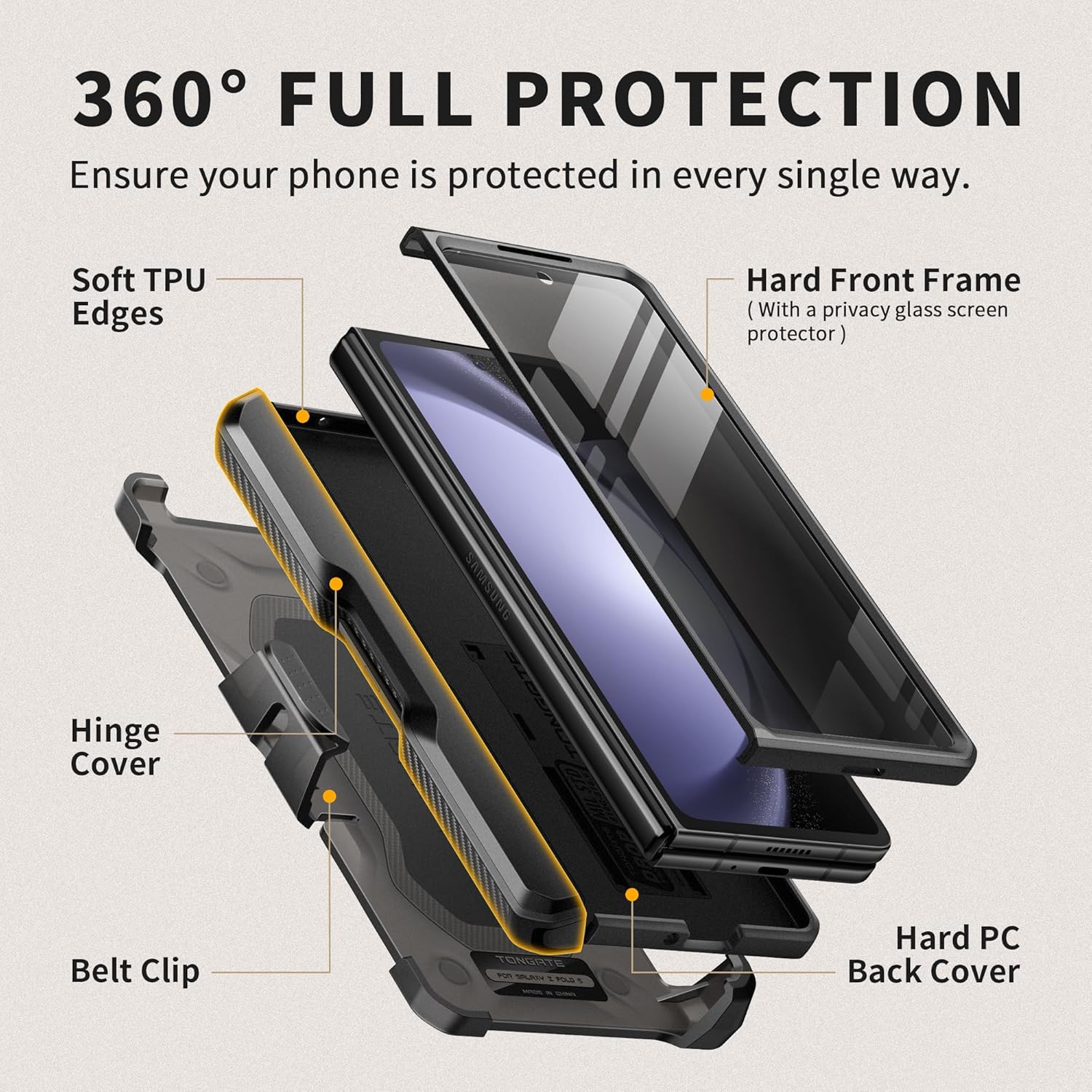 TONGATE for Z Fold 5 Case, [with S Pen Slot & Hinge Protection] [Privacy Glass Screen Protector] Full-Body Military Drop Phone Case for Samsung Galaxy Z Fold 5 with Kickstand & Belt Clip, Black