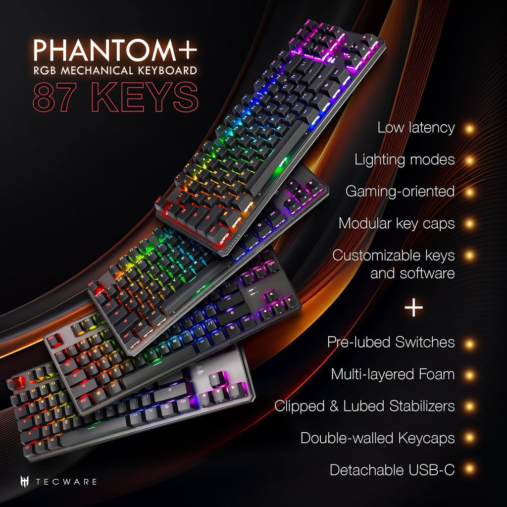 TECWARE Phantom+ 87 Key Mechanical Gaming Keyboard, RGB led, TKL 75% Keyboard, Thocky Sounding, Wraith Red Switch