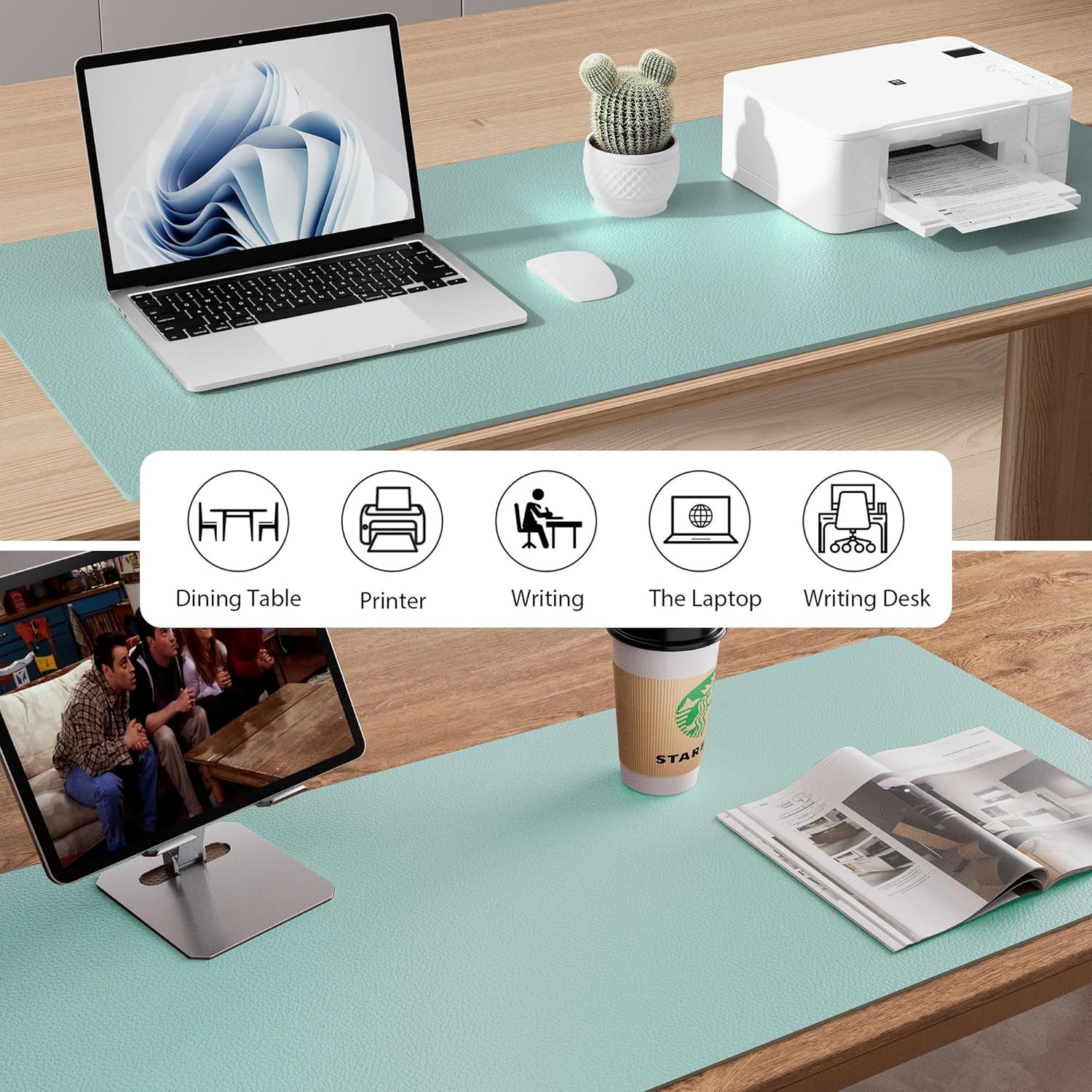 Aothia Leather Desk Pad Protector, Mouse Pad, Office Desk Mat, Non-Slip PU Leather Desk Blotter, Laptop Desk Pad, Waterproof Desk Writing Pad for Office and Home (48"x17", Light Blue)