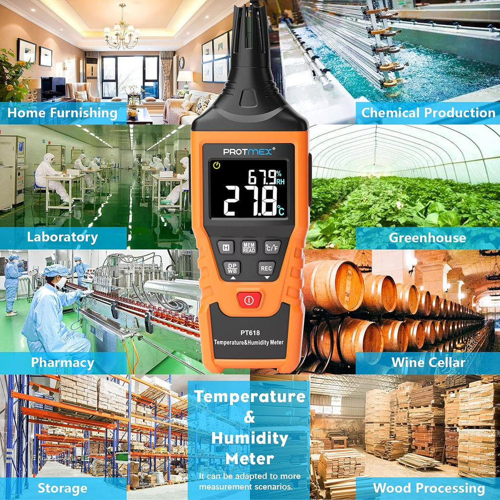 Protmex PT618 Temperature Humidity Meter, Thermometer Hygrometer Monitor with Ambient, Dew Point, Wet Bulb for Indoor/Outdoor MIN, MAX, Data Hold, LCD Backlight