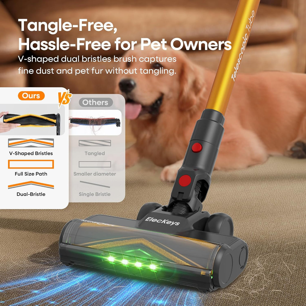 ElecKeys Cordless Vacuum Cleaner, 600W 50KPA 70Mins Self-Standing Vacuum Cleaners for Home, Stick Vacuum with Touch Screen, Anti-Tangled Vacuum Cordless for Pet Hair, Floors, Carpets, Gold