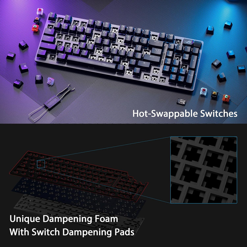 ASUS ROG Strix Scope II 96 Wireless Gaming Keyboard, Tri-Mode Connection, Dampening Foam & Switch-Dampening Pads, Hot-Swappable Pre-lubed ROG NX Snow Switches, PBT Keycaps, RGB-Black