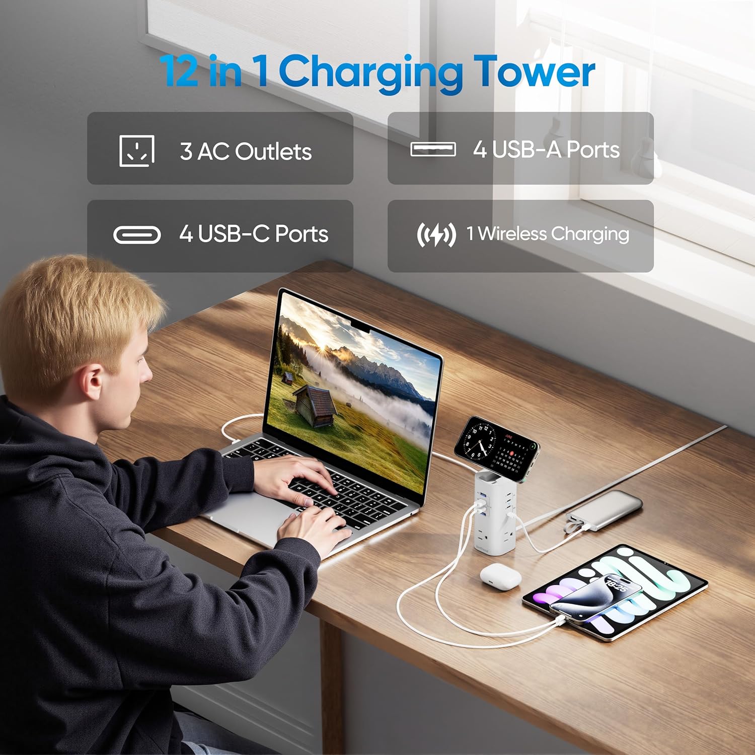 Power Strip Tower Surge Protector, TenTrend Flat Plug Extension Cord with 3AC Outlets & 8 USB Ports(4 USB-C), 115W Fast Charging Station for Home, Office Supplies, Dorm Room