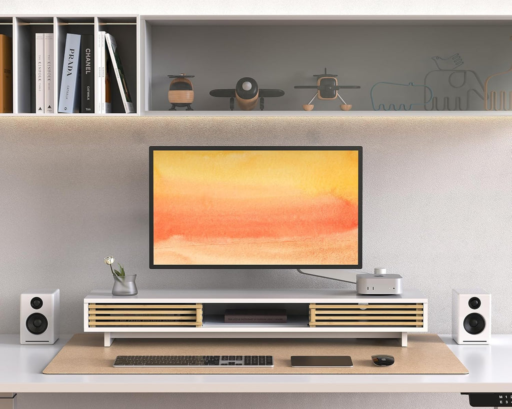 Dual Monitor Stand Riser with Sliding Door, Double Computer Laptop Stand Desk Shelf Organizer with Storage (White + Natural Bamboo, 38 Inch)