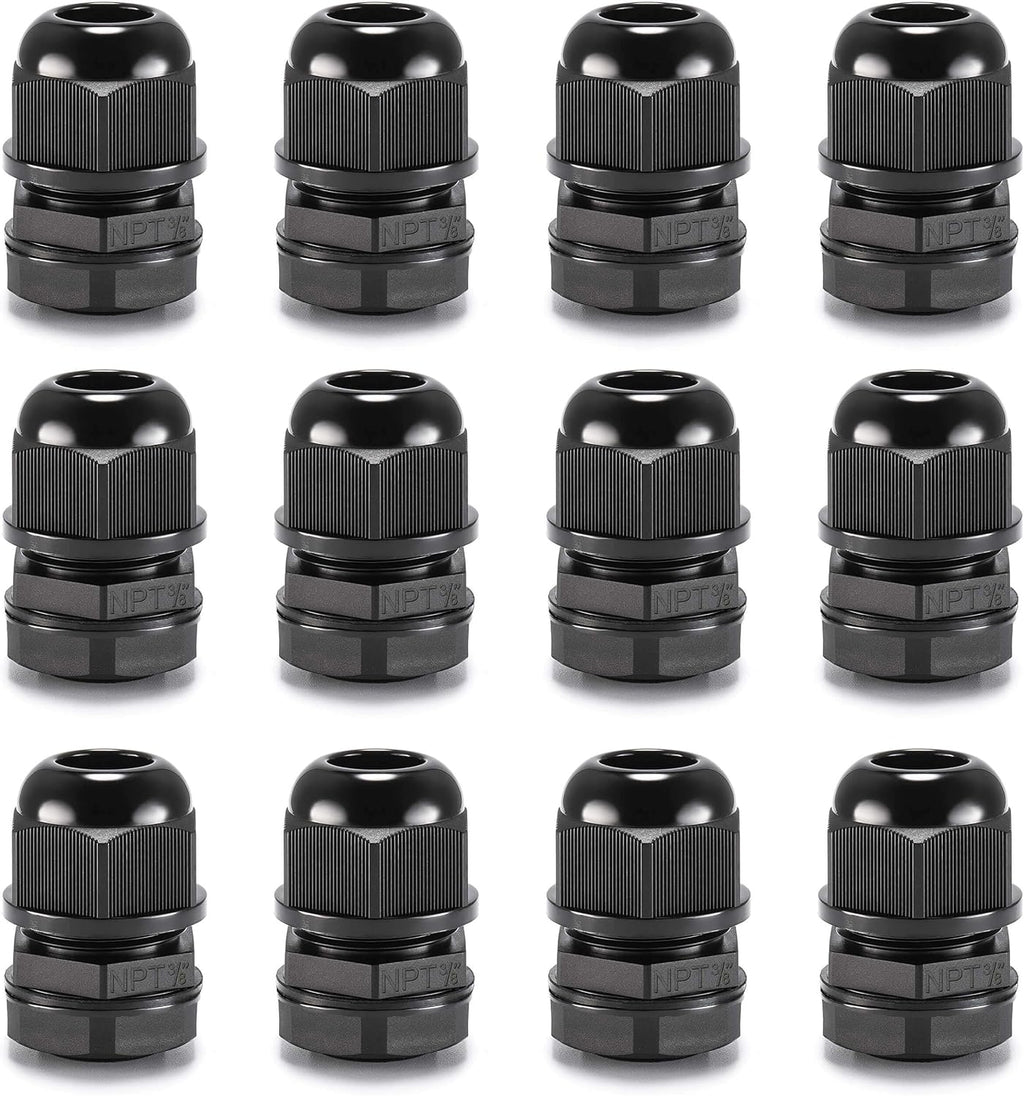 QILIPSU 12pcs 3/8" NPT Cable Gland Waterproof IP68 Nylon Cable Pass Through Cord Grip Connector Strain Relief Wire Grommet