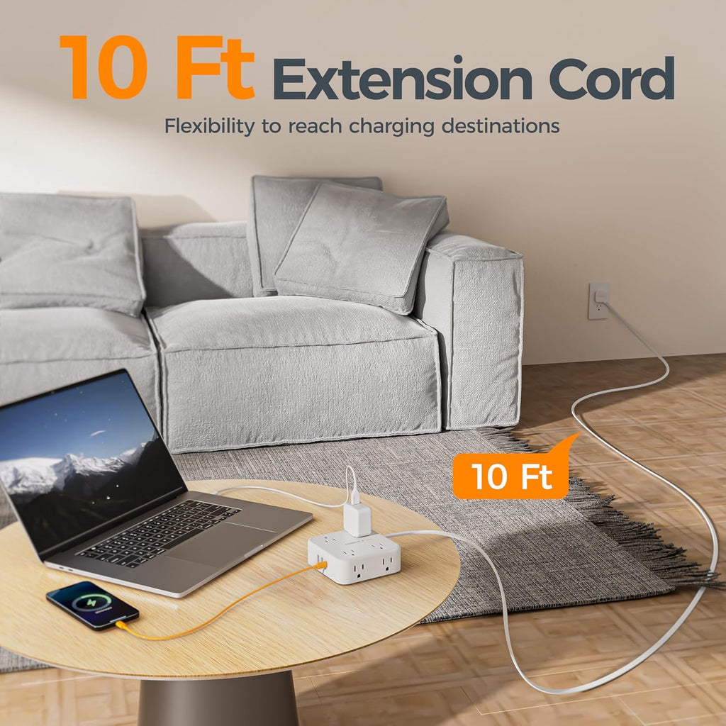 TESSAN 10 Ft Flat Plug Extension Cord with Multiple Outlets, Surge Protector Power Strip with 3 USB(1 USB C) 8 Outlets, 900J Protection, Desk Charging Station for Home, Dorm Room Essentials, White