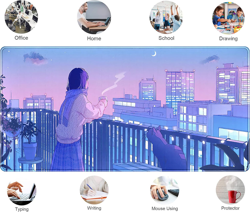 Purple Anime Kawaii Desk Mat Mousepad Cute Cat XXL Large Gaming Japanese Girly Aesthetic Mouse Pad Tokyo Street Desk Mat 31.5x15.75 in, Girl Gamer Desktop Mat Computer Laptop Keyboard Mouse Mat