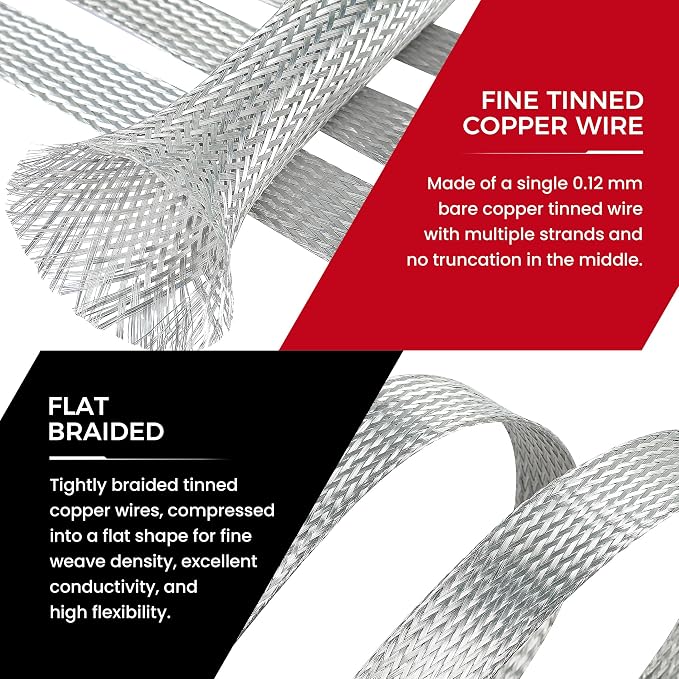 Tinned Copper Braid Cable Wire Shielding Sleeve Ground Straps Protection Flat - Image 3