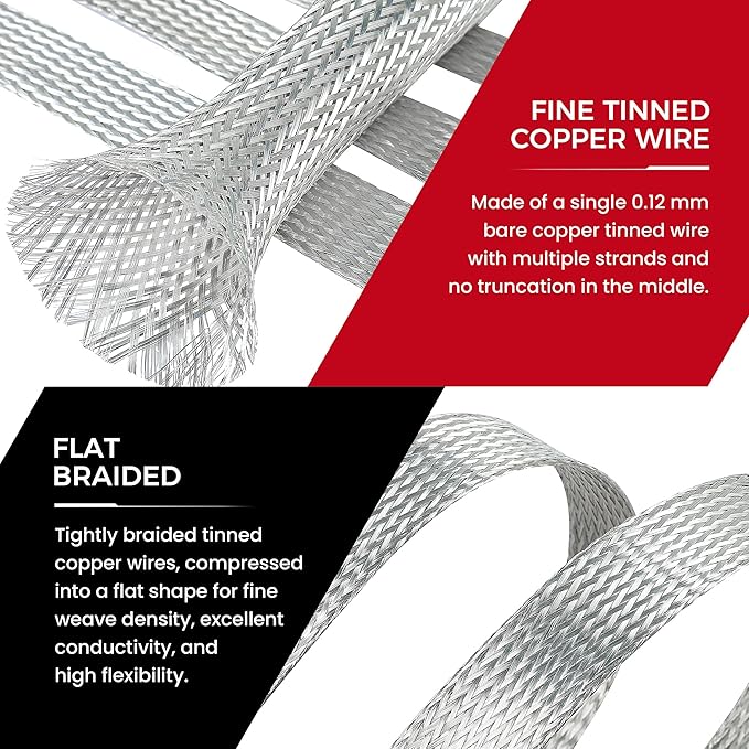 9/16" Wide Tinned Copper Braided Metal Wire Shielding Sleeve Ground Strap - Image 5