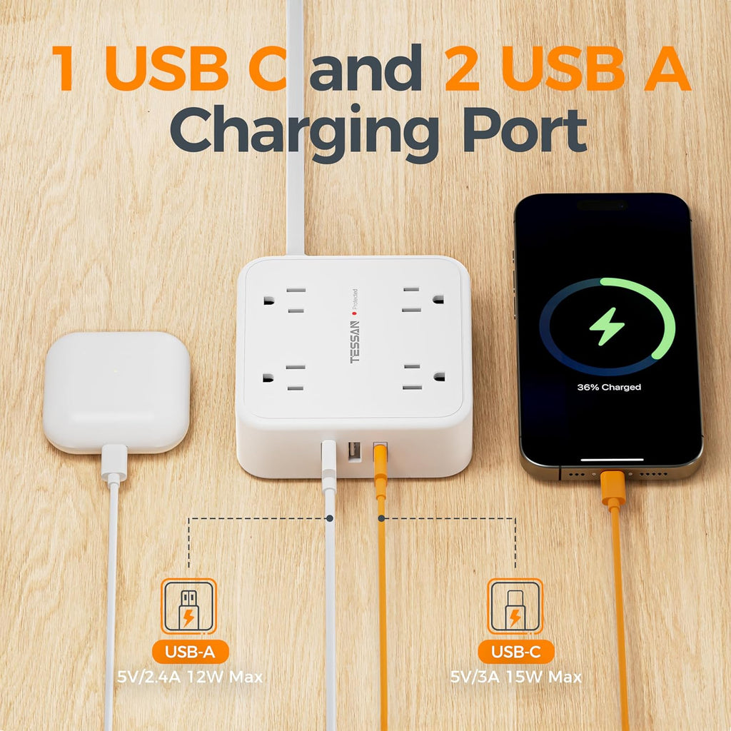 TESSAN 10 Ft Flat Plug Extension Cord with Multiple Outlets, Surge Protector Power Strip with 3 USB(1 USB C) 8 Outlets, 900J Protection, Desk Charging Station for Home, Dorm Room Essentials, White