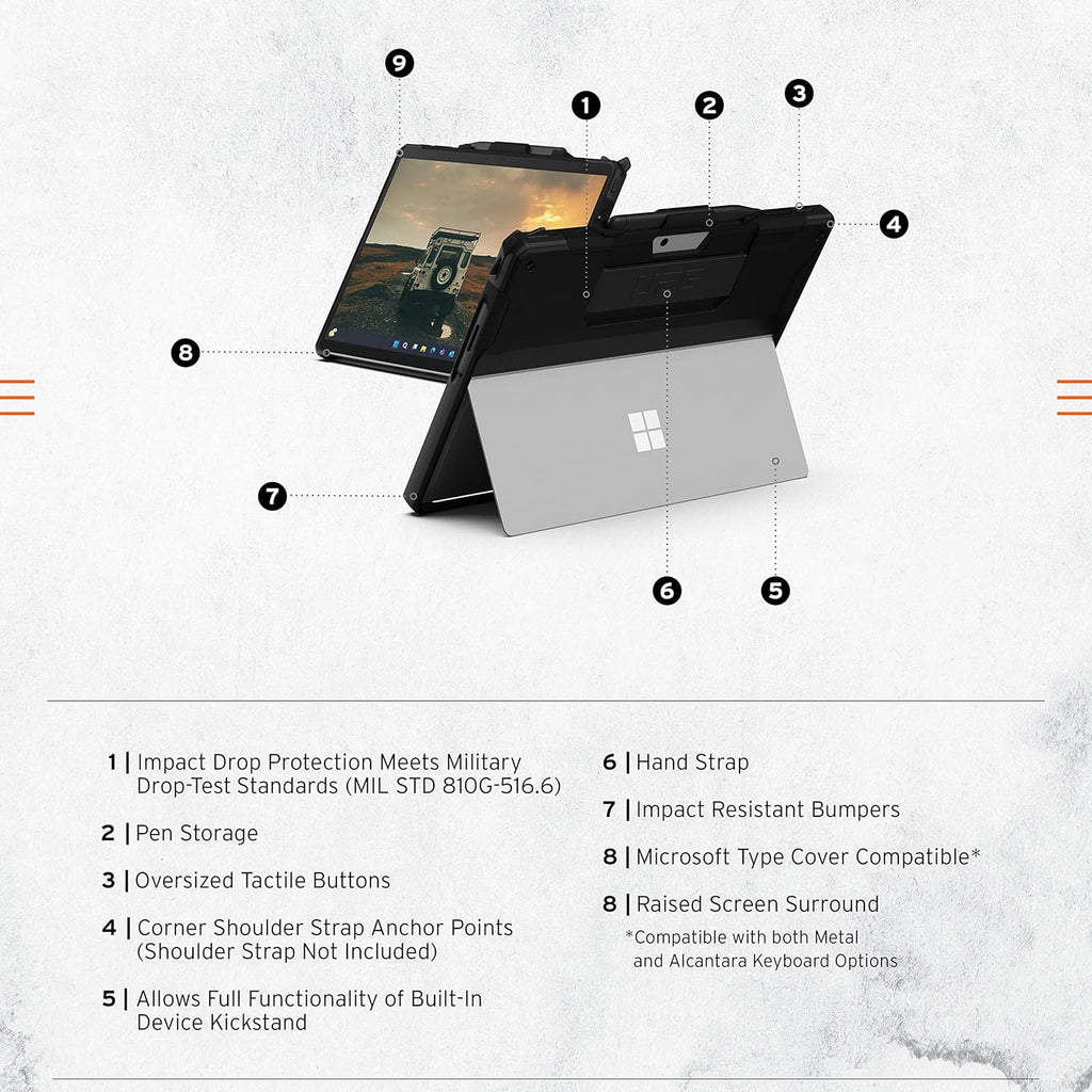 URBAN ARMOR GEAR UAG Designed for Microsoft Surface Pro 11/10/9 Case with Kickstand Hand Strap & Pen Holder Compatible with Type Cover Keyboard Rugged Protective Cover Heavy Duty, Scout Black
