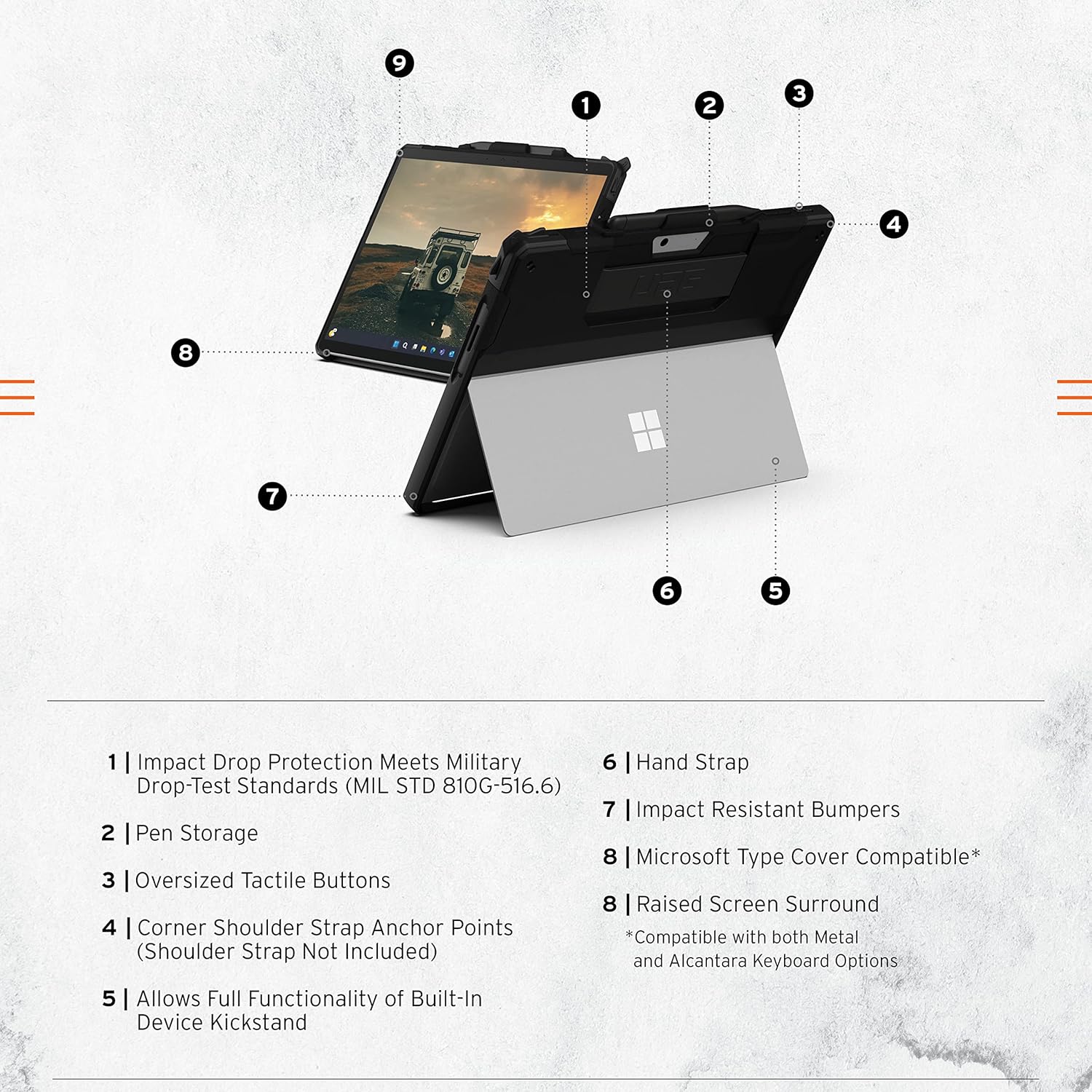 URBAN ARMOR GEAR UAG Designed for Microsoft Surface Pro 11/10/9 Case with Kickstand Hand Strap & Pen Holder Compatible with Type Cover Keyboard Rugged Protective Cover Heavy Duty, Scout Black