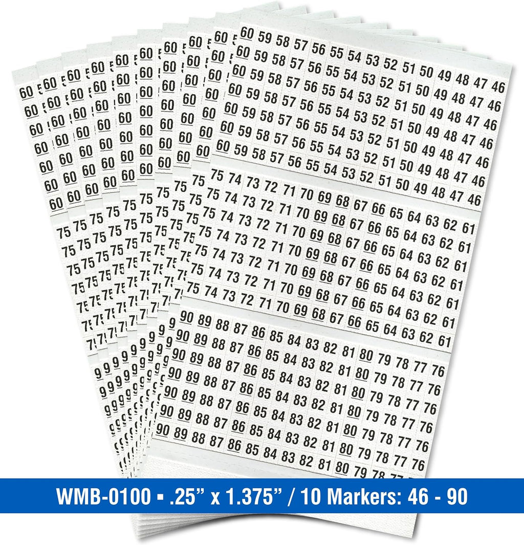 Premium Wire Marker Book for Cable Management, Vinyl-Coated, High-Tack Adhesive, Electric Panel Wire Label Stickers - 10 Pages, 1 Book, Numbered 46-90 (Pack of 5)