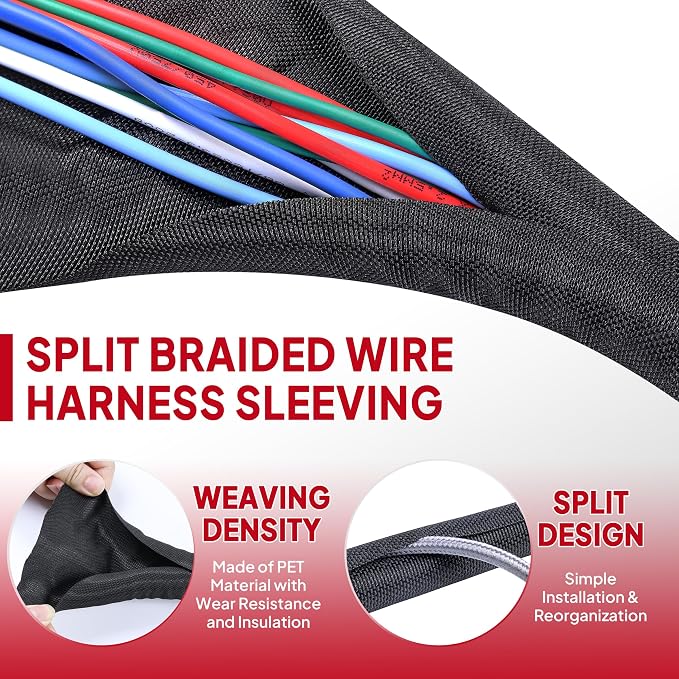 Black Braided Cable Management Sleeves, 1/2"-12Feet | Wire Loom Tubing - Image 3