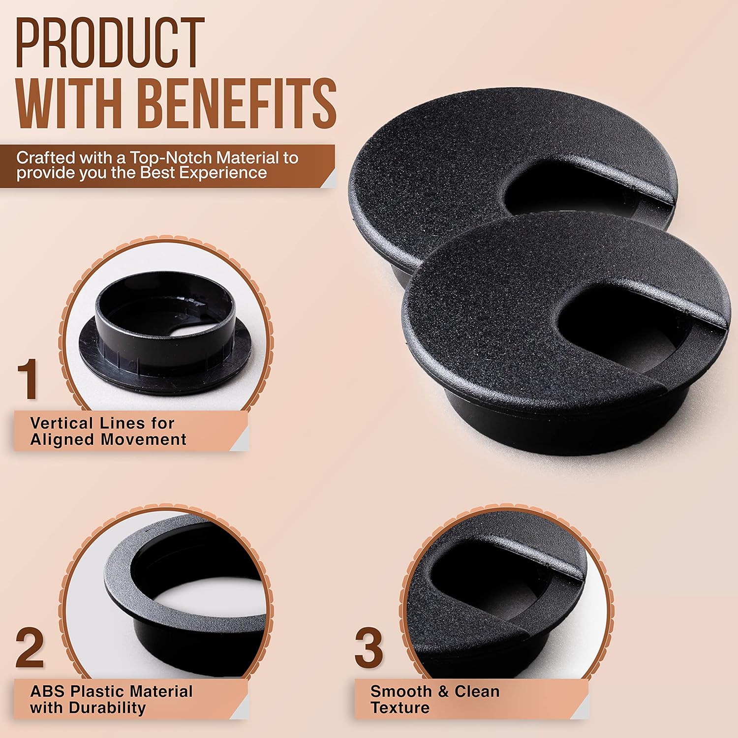 MAHDPRO Desk Grommet 2 Inch (50 mm) Pack of 5-Black ABS Plastic Cable Hole Cover to Arrange Wires & Cords Through Computer Table/Countertops