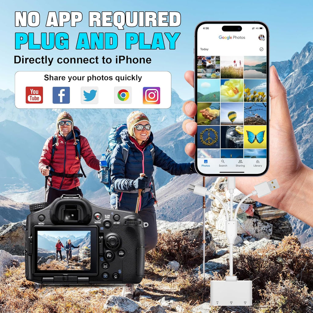 XD Card Reader, SD Card Reader for iPhone with USB-C&Lightning, 3 in 1 SD/MicroSD/xD-Picture Card Adapter, Lightning+USB A+USB C XD Card Adapter for iPhone 16/15/14/13/iPad/PC/Android
