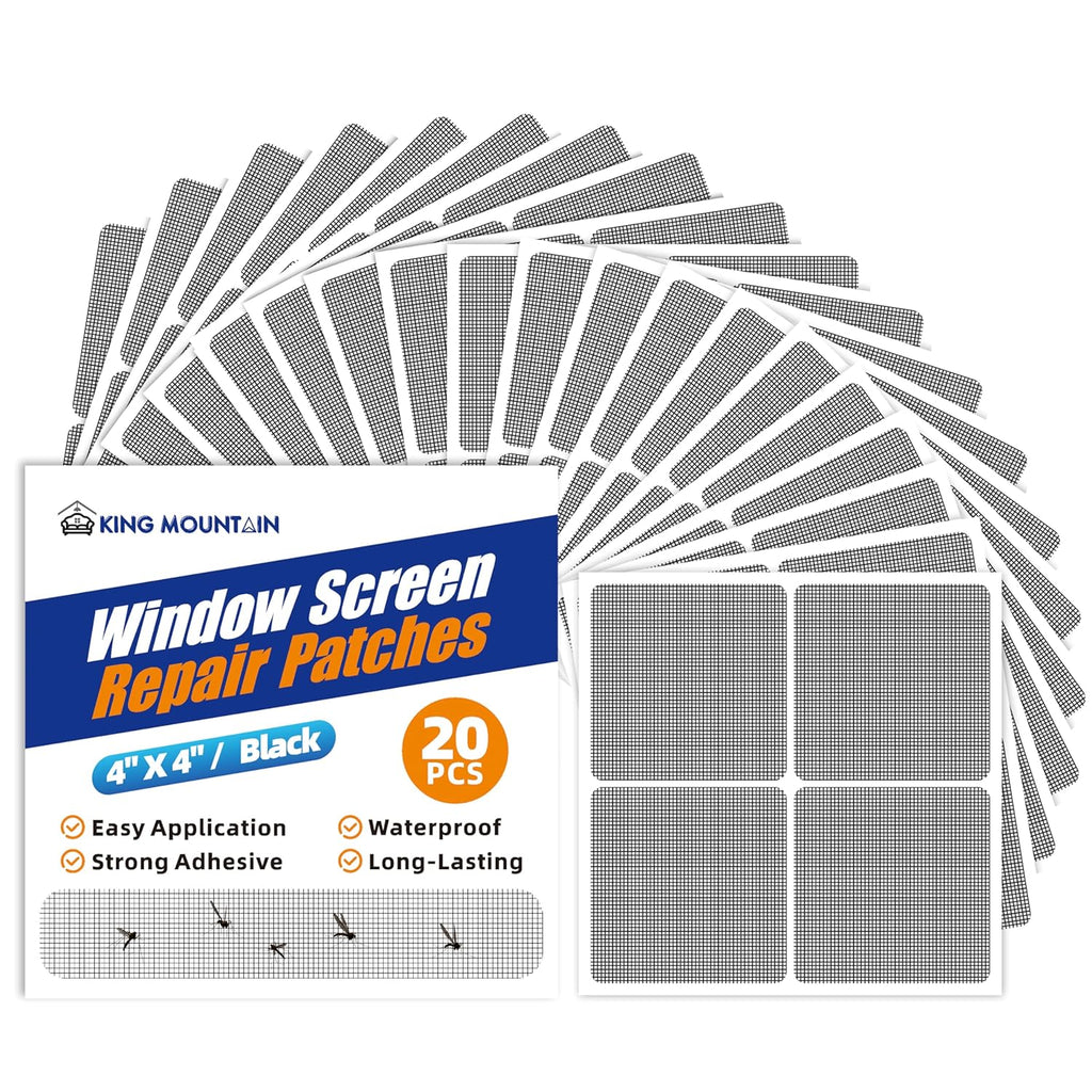 KING MOUNTAIN 20 Sheets Black Window Screen Repair Patches,4×4 in Window Screen Repair Kit for Window Screen and Screen Door Tears Holes, Strong Adhesive Screen Tape Mesh Repair,Quick & Waterproof