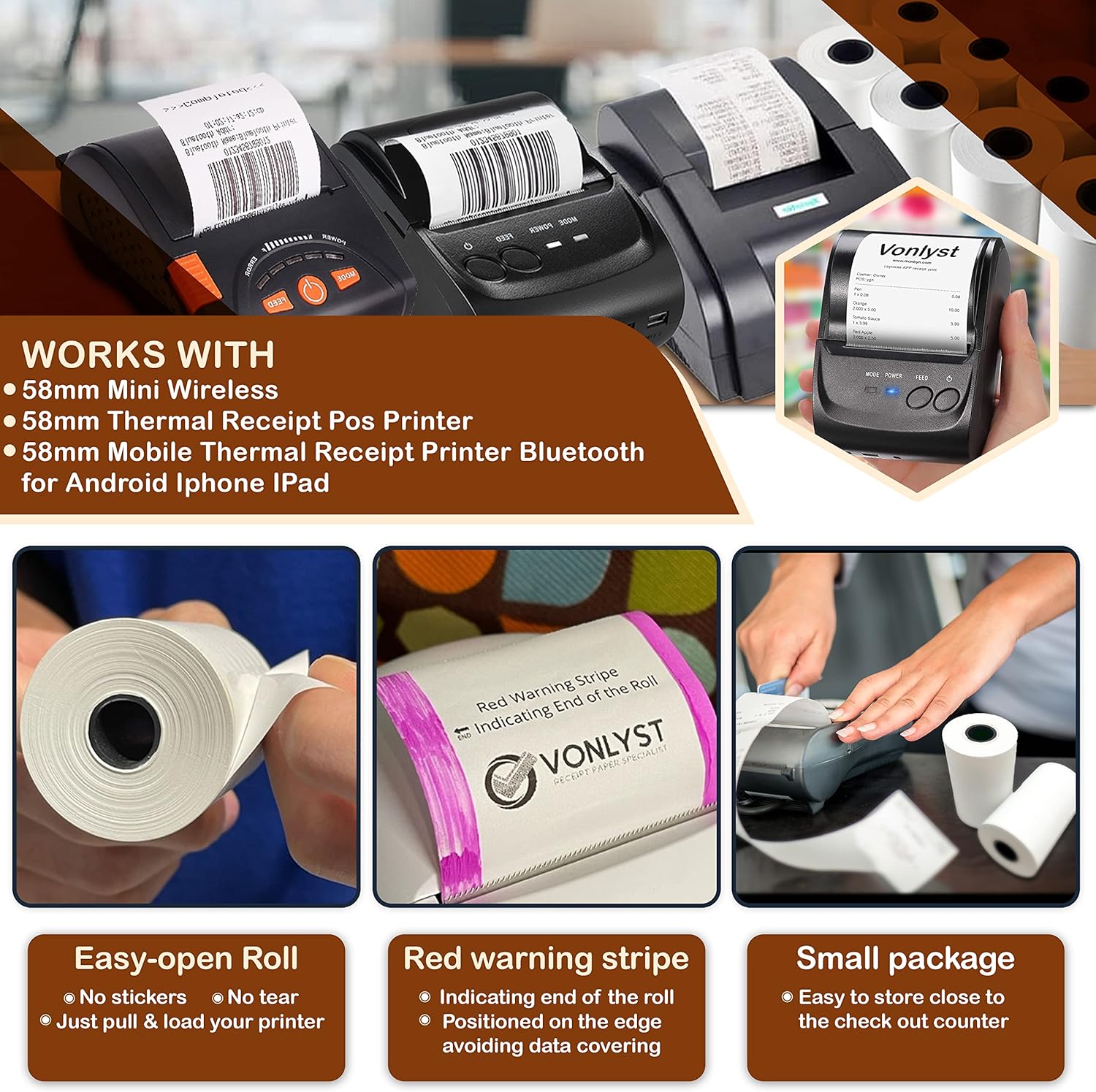 Receipt Paper Roll for 58mm Mobile Portable Thermal Printer (Pack 50 rolls)