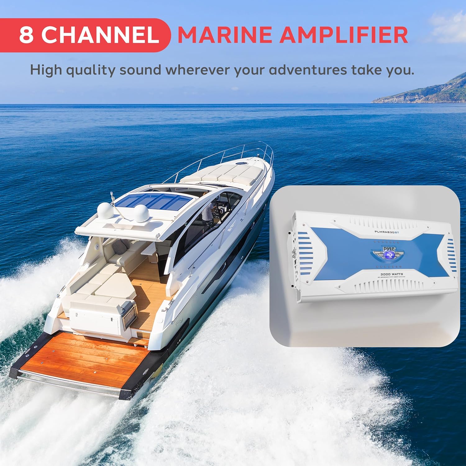 Pyle Hydra Marine Amplifier - Upgraded Elite Series 3000 Watt 8 Channel Bridgeable Amp Tri-Mode Configurable, Waterproof, MOSFET Power Supply, GAIN Level Controls and RCA Stereo Input - PLMRA830BT