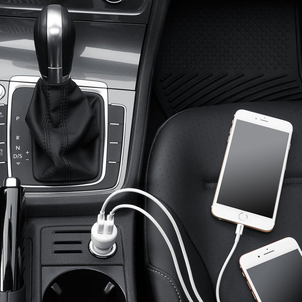 Amazon Basics 24W 2-port USB-A Car Charger for Phones (iPhone 16/15/14/13/12/11/X, Samsung, and more), non-PPS, Black/Red