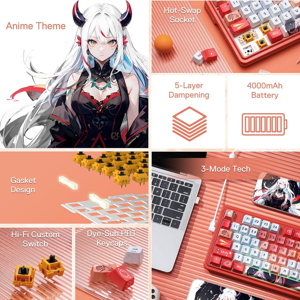 Redragon K673 PRO SE 75% 81 Keys Wireless Gasket RGB Gaming Keyboard, 3-Mode Anime Mechanical Keyboard w/Hot-Swap Socket, Dedicated Knob Control & 5-Layer Noise Dampening, Custom Hi-Fi Linear Switch
