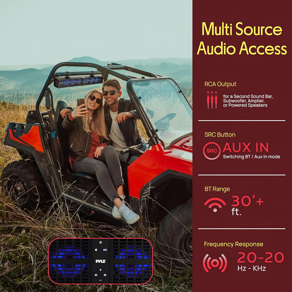 Pyle 32" Powered ATV/UTV Soundbar System, 200W Bluetooth Speakers with Built-in Amplifier, Waterproof and Weatherproof, Wireless BT Streaming and Auxiliary Input, LED Lights