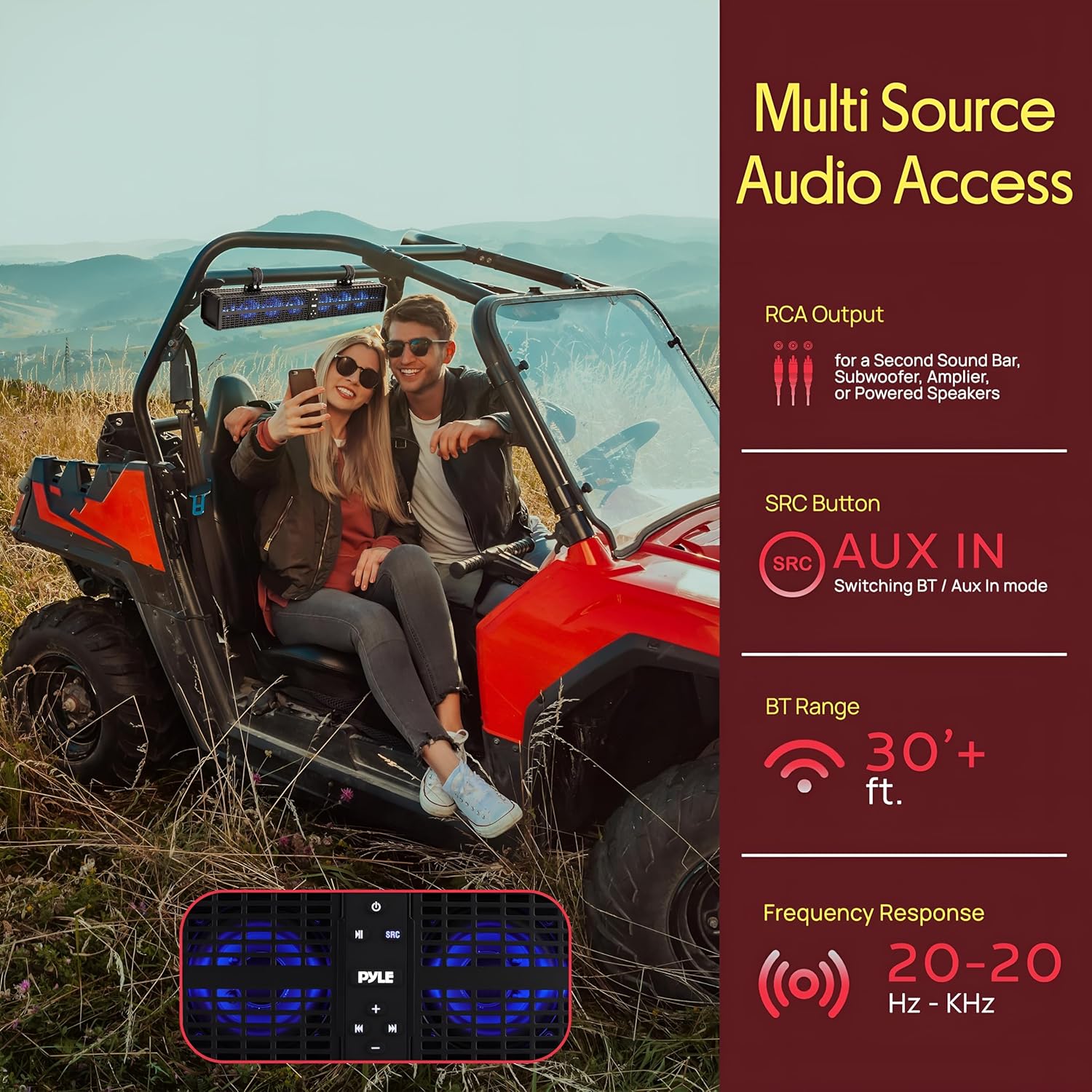 Pyle 32" Powered ATV/UTV Soundbar System, 200W Bluetooth Speakers with Built-in Amplifier, Waterproof and Weatherproof, Wireless BT Streaming and Auxiliary Input, LED Lights