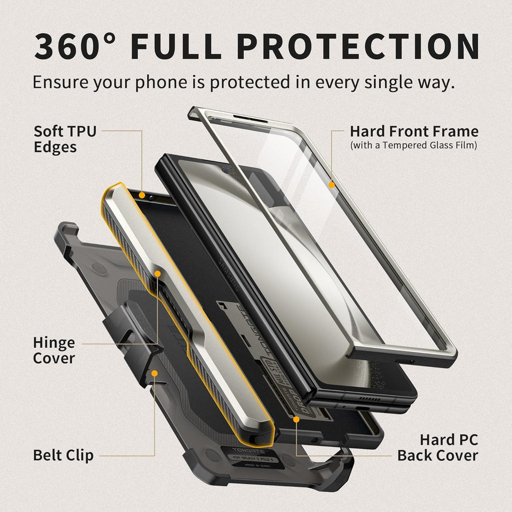 TONGATE for Z Fold 5 Case, [with S Pen Slot & Hinge Protection] [Tempered Glass Screen Protector] Full-Body Military Drop Phone Case for Samsung Galaxy Z Fold 5 with Kickstand & Belt Clip, Tigray