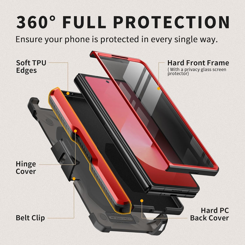 TONGATE for Z Fold 6 Case with Ring Stand, Built-in S Pen Holder & Glass Screen Protector Shockproof Rugged Z6 Phone Case with Slide Camera Cover & Belt Clip for Samsung Galaxy Z Fold 6 2024, Red
