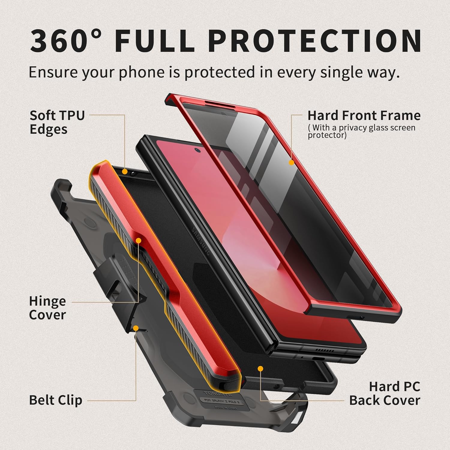 TONGATE for Z Fold 6 Case with Ring Stand, Built-in S Pen Holder & Glass Screen Protector Shockproof Rugged Z6 Phone Case with Slide Camera Cover & Belt Clip for Samsung Galaxy Z Fold 6 2024, Red