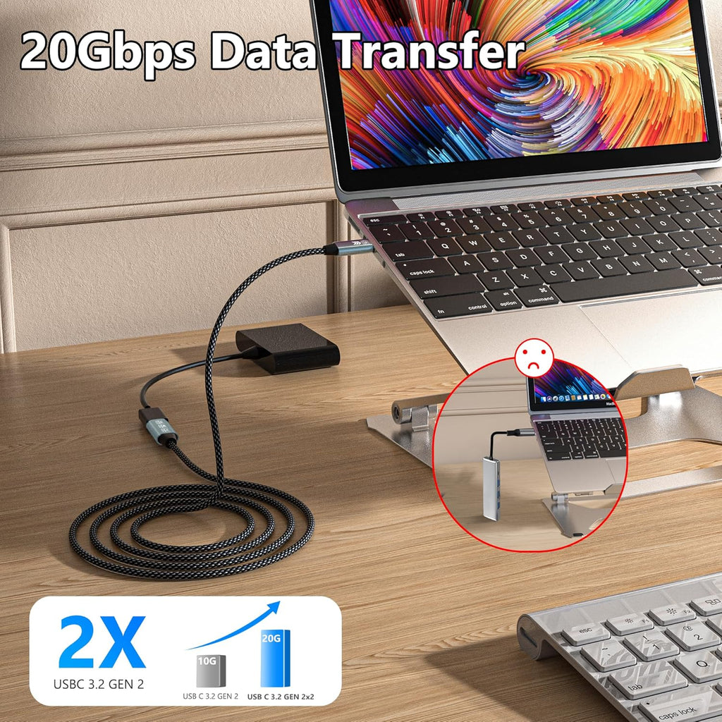 USB C Extension Cable 20FT, 20Gbps/100W USB3.2 Type C Extender Cord, 4K@60Hz Video Output Nylon Braided USB C Male to Female Extension Charging Cable Compatibility with Thunderbolt 4/3