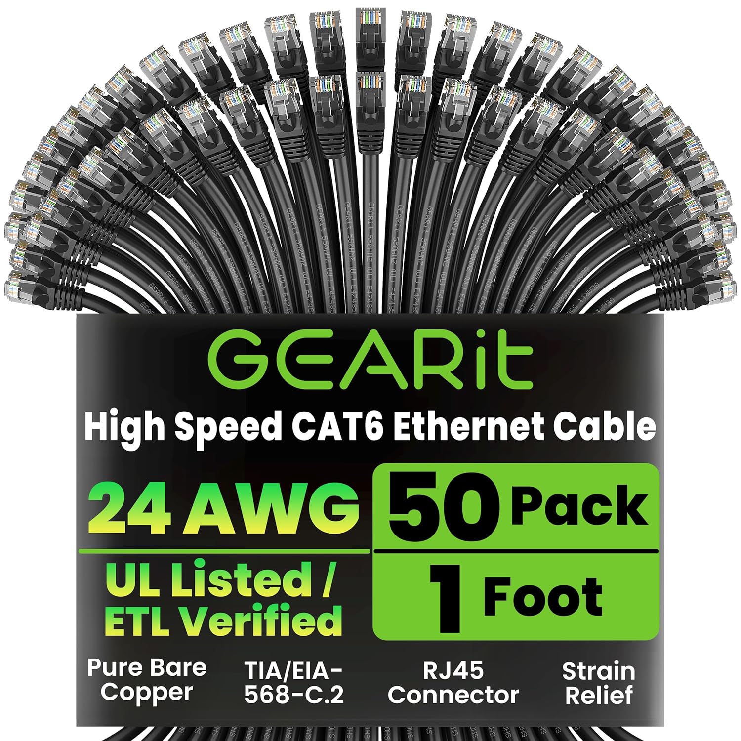 GearIT Cat 6 Ethernet Cable Pack - 50-Pack 1 ft Cat6 Ethernet Patch Cables | RJ45 Network Patch Cable, 10 Gbps Snagless Gold-Plated Connectors - Ethernet Cable Cat 6 for PC, TV, Router - Black
