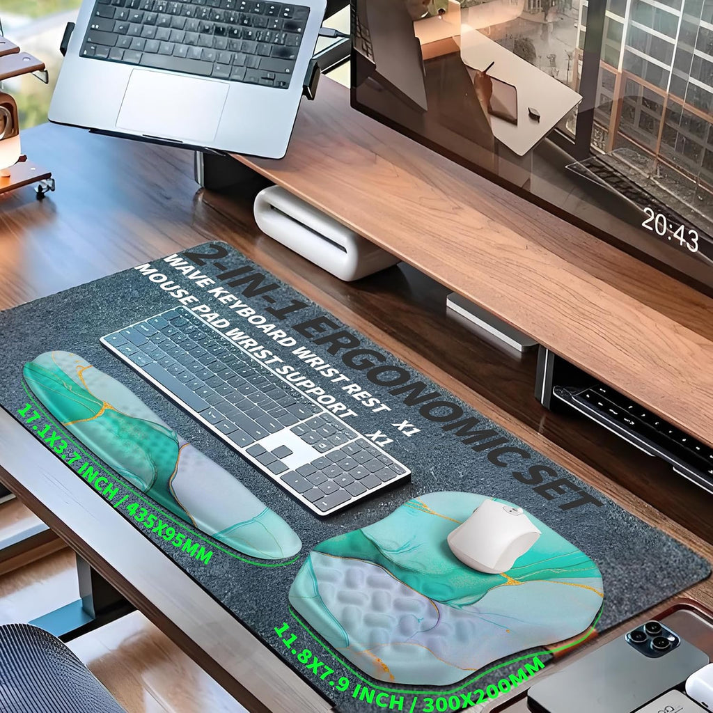 2-in-1 Ergonomic Set, Wave Keyboard Wrist Rest and Massage Slope Mouse Pad Wrist Support, Rebound Memory Foam for Relieve Carpal Tunnel Syndrome and Wrist Pain (Green Gold Marble)