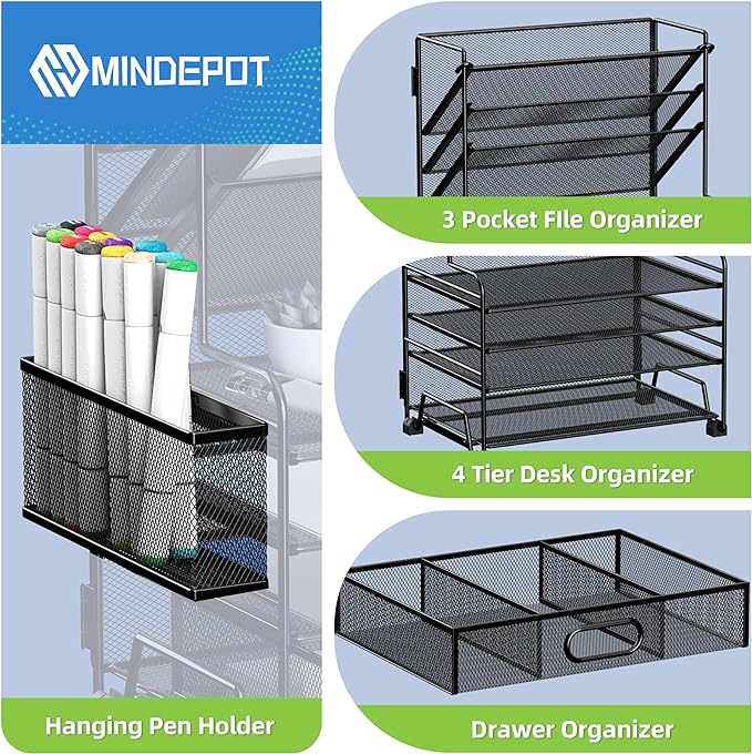 MINDEPOT 4-Tier Paper Organizer + 3-Pocket File Holder + Drawer + Pen Holders - Image 3