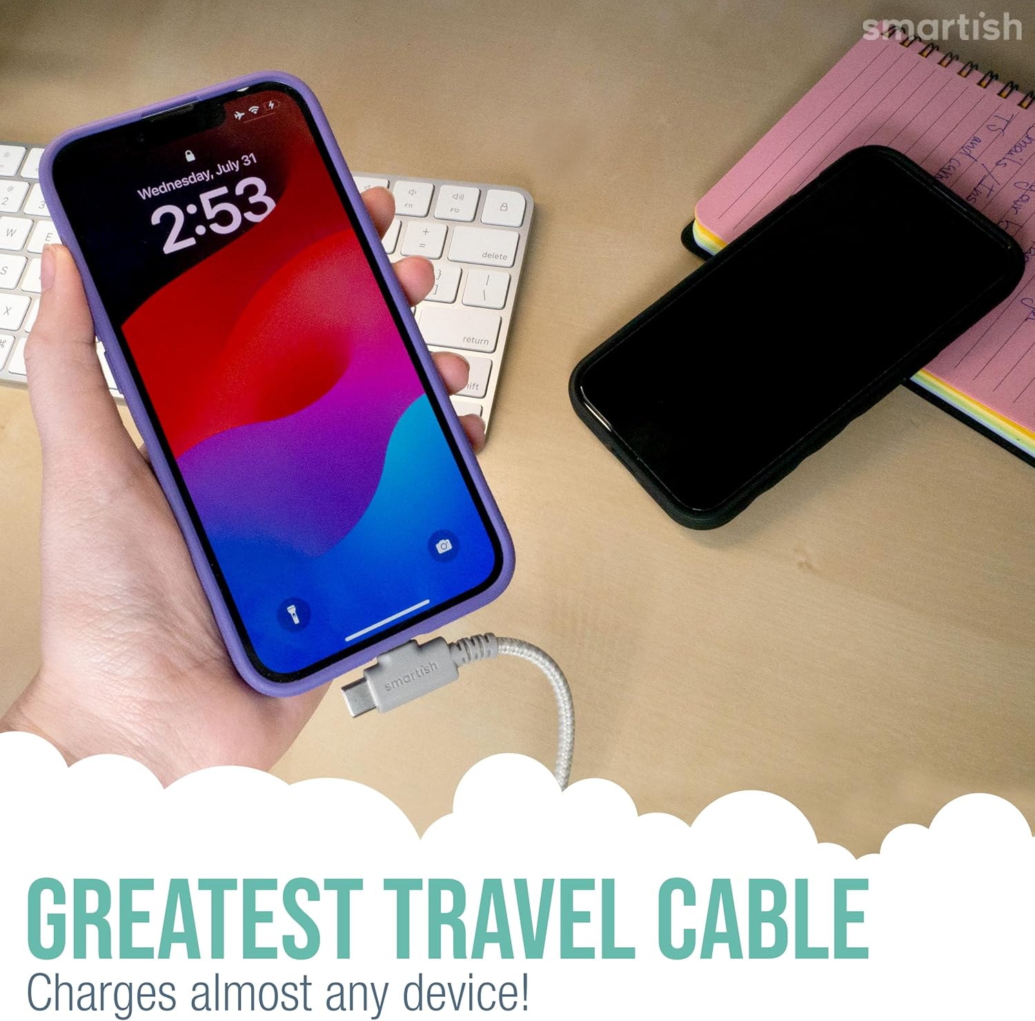 Smartish 2 in 1 USB C to USB C/Lightning Cable - Crown Joule - 6 Ft Fabric Wrapped Fast Charging Cord - for iPhone, Galaxy, Pixel - 100W Dual Fast Charger for Phones/Laptops - Lightly Toasted Beige