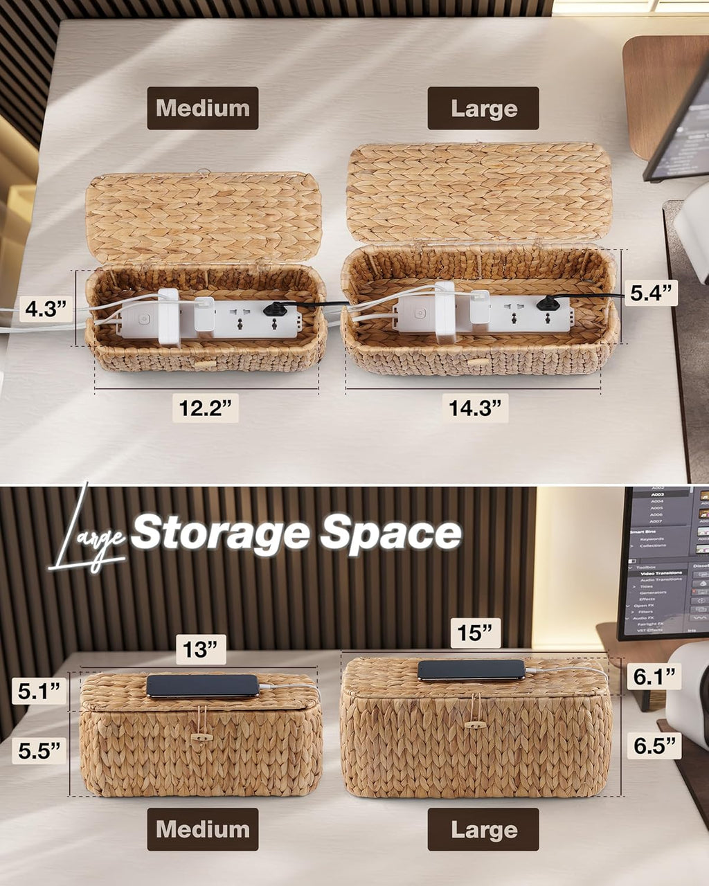 BLUEWEST Pack 2 Large Cable Management Box, Wicker Hyacinth Rattan Cable Organizer and Cover with 2 Open Slots and Safety Lock for Under Desk Power Strip, TV Wires, Computer, Router, USB Hubs