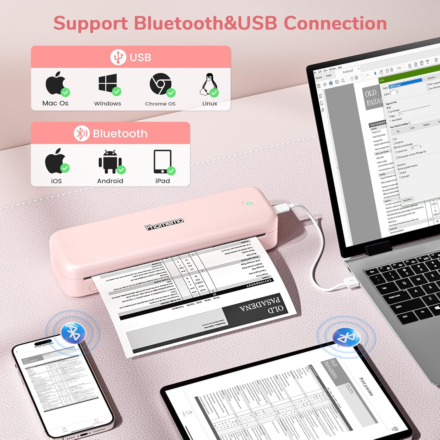 Phomemo Portable Printers Wireless for Travel Upgraded,M834 Bluetooth Thermal Printer 8.5" x 11"& A4 Size,Inkless Mobile Printer with Carry Case for Travel,Office,School,Car,Home,Pink