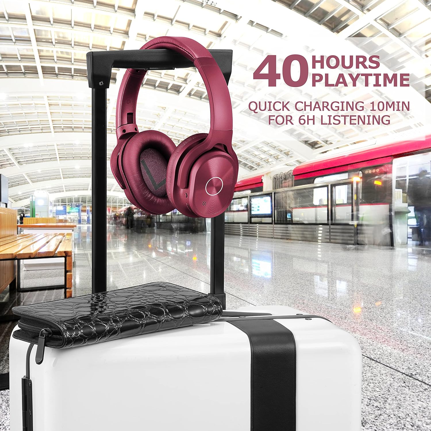 ZIHNIC Active Noise Cancelling Headphones, 40H Playtime Wireless Bluetooth Headset with Deep Bass Hi-Fi Stereo Sound,Comfortable Earpads for Travel/Home/Office (Red)
