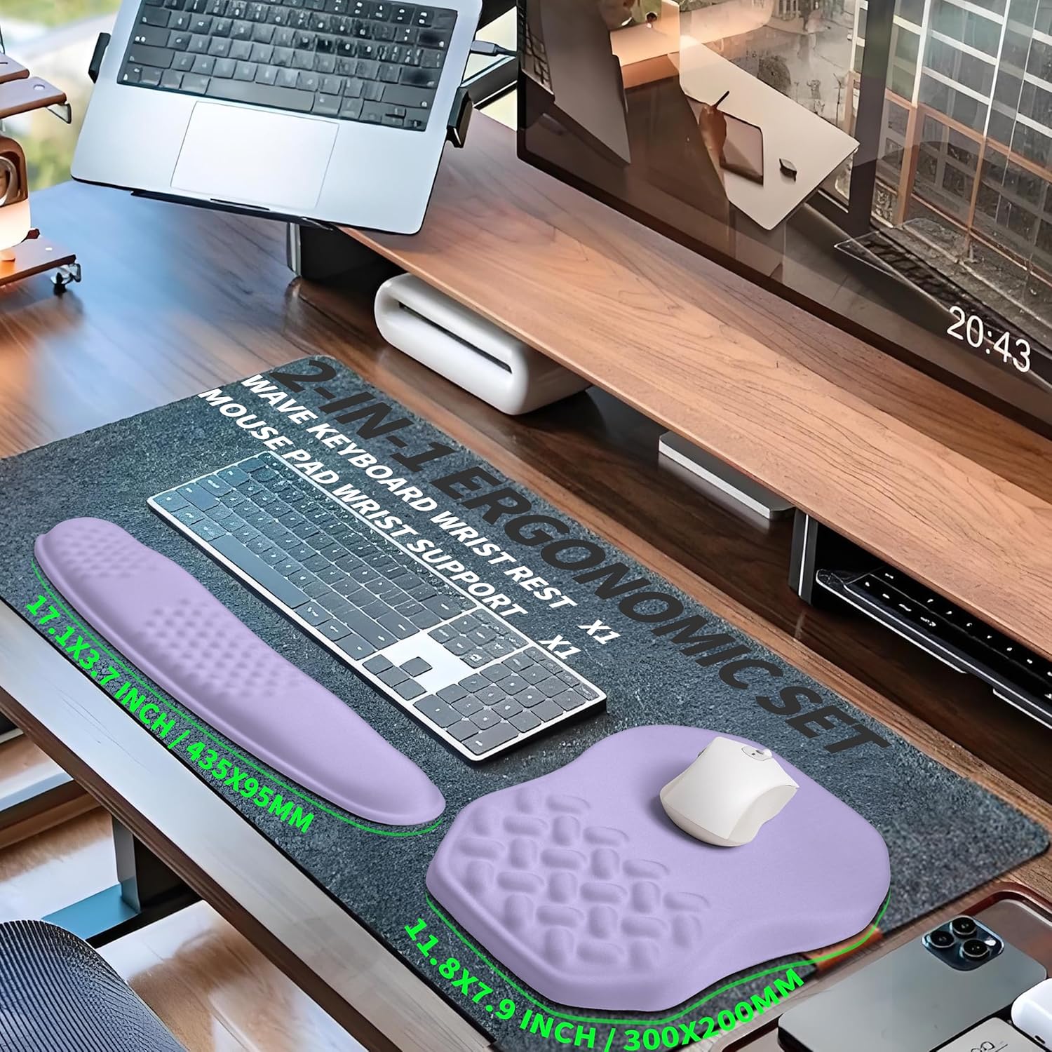 2-in-1 Ergonomic Set, Wave Keyboard Wrist Rest and Massage Slope Mouse Pad Wrist Support, Rebound Memory Foam for Relieve Carpal Tunnel Syndrome and Wrist Pain (Lavender Purple)