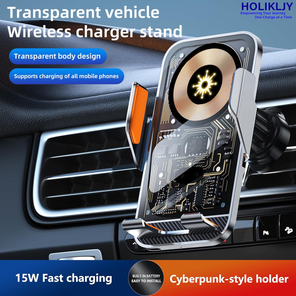 Wireless Charger Holder, Auto Clamp Vent Phone Mount - 15W Fast Charging Dual Induction Car Phone Mount with Transparent Design for iPhone 16 Pro Max 15 14 13 12 11, Sumsung S24 S23 S22 Series